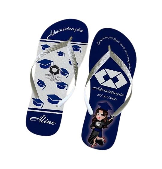 Chinelos de formatura personalizados em azul e branco, com capelos e nome